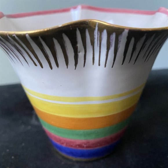 Vintage Planter Italy Hand Painted Succulent Scalloped Rainbow Gold Trim - Picture 2 of 7